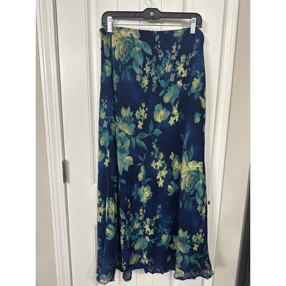 Y2K 90s Francesca Rose Navy Blue Floral Maxi Skirt Womens Large Yellow Teal Boho